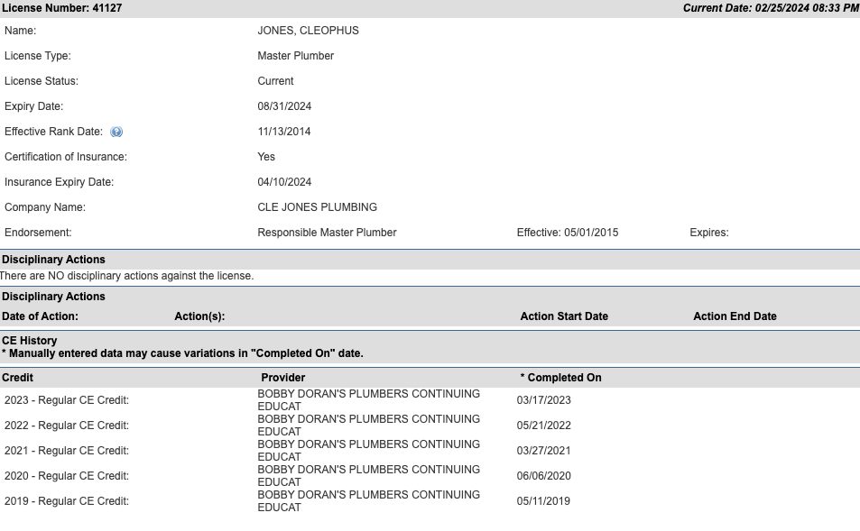 copy of license for Cle Jones Plumbing
